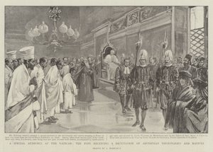 En speciell publik i Vatikanen, påven tar emot en deputation av abessiniska missionärer och infödda (litho) av (after) Italian School
