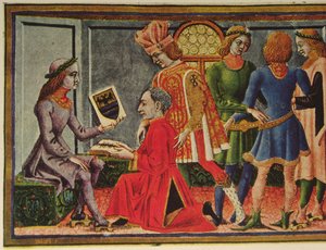 Kejsar Fredrik III tar emot astronomen Giovanni Bianchinis bok "Tablets of Astrology" (färg litho)