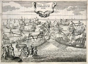 Galleoner och galeasser som kämpar: tillfångatagandet av kaptenen på ön Chios, illustration från "Värden av Toscana i Cavalieri di Santo Stefanos mest betydande företag" av Fulvio Fontana, graverad av H. Vincent