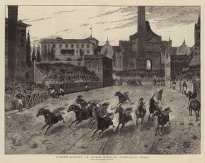 Hästkapplöpning i Rom under karnevalstid (gravyr) av (after) Italian School