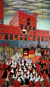 Sankt Bernardino talar i sin hemstad Siena (målning) av (after) Italian School