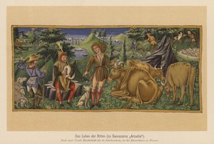 Scen ur Jacopo Sannazaros dikt Arcadia (färglitografi)
