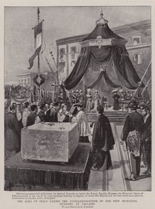 Kungen av Italien lägger grundstenen till den nya kommunala byggnaden i Cagliari (litho) av (after) Italian School