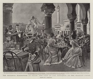 Nationella utställningen i Turin, kaféet vid ingången till den moriska domstolen (litho) av (after) Italian School
