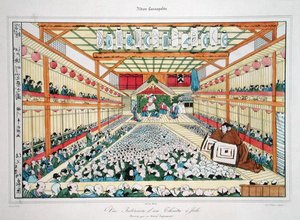 Interiör av en teater i Jedo, graverad av Jaime (färg litho)