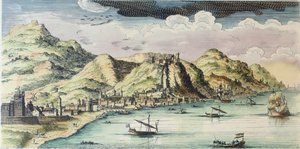 Utsikt över staden Málaga, Spanien (färgad gravyr) av (after) Spanish School