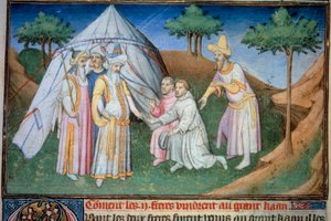 Bröderna Nicolo och Matteo Polo, far och farbror till den unge Marco Polo (1254-1324) togs emot i hovet till Grand Qubilai (Kubilai Khan, förste kejsare av den mongoliska Yuan-dynastin (1215-1294), mongolisk kejsare 1271” . Miniatyr hämtad från "