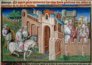 Bröderna Nicolo och Matteo Polo, farbror och far till Marco Polo (1254-1324) anländer till Bukhara, Uzbekistan. Miniatyr hämtad från "" The Book of Wonders""" ("" Devisement du monde", "" Il Milione") av Marco Polo (1254-1324) illustrerad av Mästaren av Bo