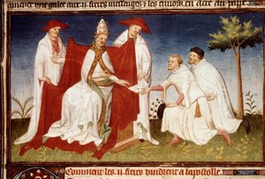 Bröderna Nicolo och Matteo Polo, farbror och far till Marco Polo (1254-1324) överlämnade till påven Gregoire X ett brev från Qubilai (Kubilai Khan, förste kejsare av den mongoliska Yuan-dynastin (1215-1294) Miniatyr hämtad från "" The Book of Underverk””” 