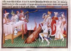 Begravelsesceremoni i den kinesiske provins Tangut (Gansu): ligbrændingsscene Miniature i "" The Book of Wonders""" ("" Devisement of the World", "" Il Milione") manuskript fr.2810 (folio 23) belyst af Mesteren af Boucicaut og skrevet af Marco Poloswed
