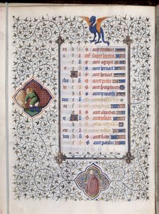 Manuskriptsidan "" Les Tres Riches Hours du Duke Francois de Guise""" dekorerade zodiakens tecken och representation av jordbruksarbete, skörden. Miniatyr av mästaren av Boucicaut av (and workshop) Boucicaut Master