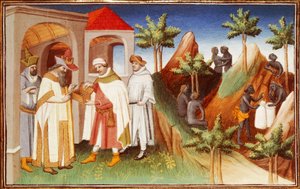 Mr Fr 2810 f.83r, King of Lar köper pärlor, miniatyr från 