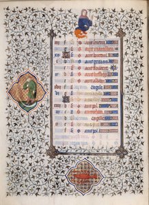 Sidan i manuskriptet "" Les Tres Riches Hours du Duke Francois de Guise"" upplyst av mästaren från Boucicaut: representation av zodiakens tecken och scener i vardagen: cancer och en man med en skära. 1400-talet. Musee Conde, Chantilly av (and workshop) Boucicaut Master