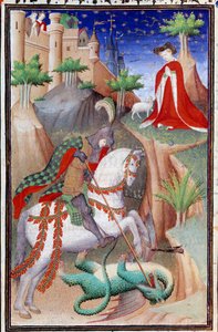 Sidan i manuskriptet "" Les Tres Riches Hours du Duke Francois de Guise"" upplyst av Mästaren av Boucicaut: representation av Saint George and the Dragon. 1400-talet. Musee Conde, Chantilly