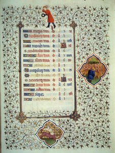 Sidan i manuskriptet "" Les Tres Riches Hours du Duke Francois de Guise"" upplyst av mästaren från Boucicaut: representation av zodiakens tecken och scener i det dagliga livet: skytten och en betailuppfödare. 1400-talet. Musee Conde, Chantil av (and workshop) Boucicaut Master
