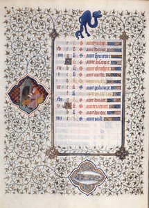 Sidan i manuskriptet "" Les Tres Riches Hours du Duke Francois de Guise"" upplyst av mästaren från Boucicaut: en representation av zodiakens tecken och vardagsscener: fisk och en man som värmer upp framför en skorsten. 1400-talet. Musa av (and workshop) Boucicaut Master
