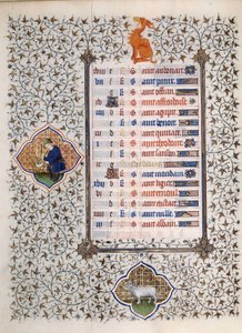 Sidan i manuskriptet "" Les Tres Riches Hours du Duke Francois de Guise"" upplyst av mästaren från Boucicaut: representation av zodiakens tecken och scener i det dagliga livet: beliaren och en man som klipper flätad. 1400-talet. Musee Conde, Chantilly av (and workshop) Boucicaut Master