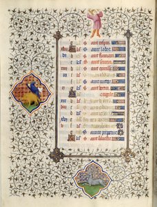 Sidan i manuskriptet "" Les Tres Riches Hours du Duke Francois de Guise"" upplyst av Mästaren av Boucicaut: representation av zodiakens tecken och scener i det dagliga livet: Stenbocken och jakten på vildsvin. 1400-talet. Musee Conde, C av (and workshop) Boucicaut Master