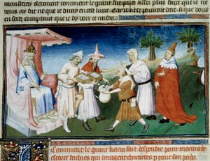 Qubilai (Kubilai Khan, förste kejsare av den mongoliska Yuan-dynastin (1215-1294) betalar för sina inköp med murier barkmynt i miniatyr tagna från Marco Polos "The Book of Wonders"" ("" World Devisement", "" Il Milione"). illustrerad av mästaren i Boucic