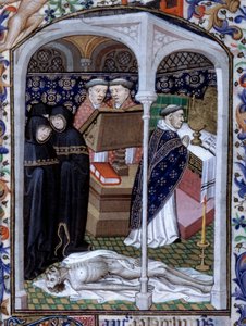 Scen med funebre ceremoni och makaber dans Miniatyr tagen från "Timmarsboken" använd i Paris" upplyst av Atelier du Maitre d Boucicaut, cirka 1415. Paris, B.N.