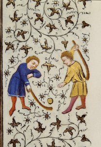 Det ensidiga puckspelet Detalj från manuskriptet "" Les Tres Riches Hours du Duke Francois de Guise"" upplyst av mästaren från Boucicaut. 1400-talet. Musee Conde, Chantilly av (and workshop) Boucicaut Master