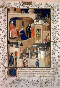 Den politiska äventyraren Peter Fruitier dit Salmon erbjuder sitt manuskript till kung Karl VI (1368-1422). Miniatyr från "Answers a Charles VI et Lamentations" av Pierre Salmon, upplyst av Maitre de Boucicauts verkstad (1400-talet) 1409 P
