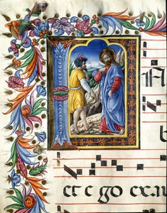 Decoree lettrine som skildrar Kristi frestelse Miniatyr av Liberale da Verona (1445-1529) från en kör (Cod. 20/5. c.45v) från katedralen i Siena. 1400-talets katedral (Duomo) i Siena, Italien av (c.1445 1527) Liberale da Verona