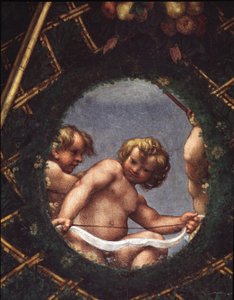 Änglar tittar ut genom ett fönster - Fresco av (c.1489 1534) Correggio