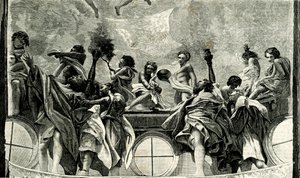 Jungfruns antagande, detalj från fresk av Correggio (1489-1534), kupolen i Parma-katedralen, Emilia Romagna, Italien, träsnitt från Le cento citta d