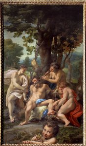 Allegory of Vices En satyr omgiven av kvinnliga musiker. Målning av Antonio Allegri dit Le Correge (Il Correggio) (1489/1494-1534) 1500-talet sön. 1,48x0,88 m
