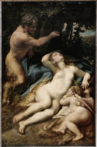 Jupiter och Antiope (eller Venus med amor och en satyr) (olja på duk