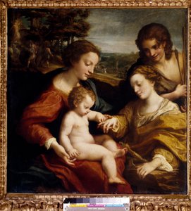 Det mystiska äktenskapet mellan Saint Catherine av Alexandria med Saint Sebastian Målning av Antonio Allegri (dit Correggio eller Le Correge 1489-1534) 1500-talets sön. 1,05x1,02 m Paris, Louvren.