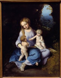Jungfrun, Jesus och Sankt Johannes barnmålning av Antonio Allegri (känd som Correggio eller Correge 1489-1534) 1500-talets Madrid, Pradomuseet