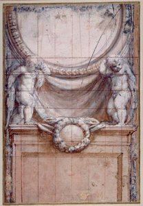 Två putti som stöder en tom medaljong (röd krita förhöjd med vitt på papper) av (c.1489 1534) Correggio