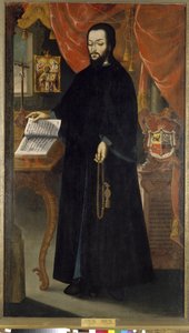 Porträtt av prins Dimitri, munk i Kyiv-grottorna Lavra (Ukraina). (Porträtt av prins Dmitrij, munk från grottklostret i Kiev). Porträtt av en ortodox munk som står framför sitt skrivbord och studerar en öppen bok framför ett krucifix och en av (d.1769) Hieromonk Samuil