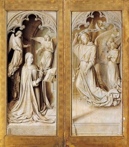 Bebådelse i grisaille (monokromatisk grå), yttre vingar av triptyk altartavla (ca 1489-1502) av Mästaren av Moulins, i katedralen Notre-Dame, Moulins, Frankrike. av (fl.c.1483 c.1529) Master of Moulins