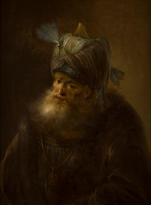 Porträtt av en man i en turban (olja på duk) av (follower of) Rembrandt Harmensz. van Rijn