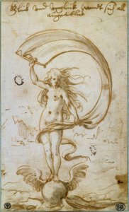 Fortuna mit Segel auf einer geflügelten Kugel