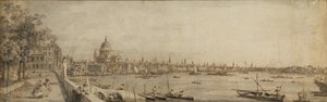 Themsen och London City från Terrace of Somerset House (penna & brunt bläck med grå tvätt på papper) av Giovanni Antonio Canal