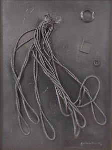 G. C. Riccardi, Combustione n. 3, 1990, blandteknik på duk, 60x80, Arpino, Umberto Mastroianni Foundation, Italien.