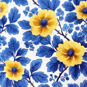 Blått och gult blommigt blockmönster för moderna väggkonsttryck av F. Abderrahim