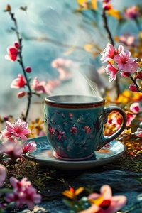 En surrealistisk kaffekopp kantad med blommor för modern väggkonstdekoration av F. Abderrahim
