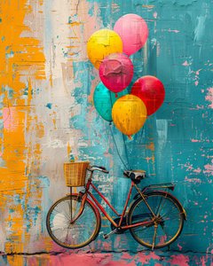 Abstrakt primitiv målning Cykel stiger med ballonger sovrum väggdekor av F. Abderrahim