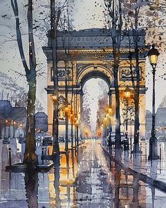 Akvarellmålning: Champs Elysées Paris Frankrike på vintern | väggkonsttryck av F. Abderrahim