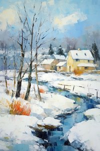 By i snöigt landskap oljemålning | Nature väggkonsttryck av F. Abderrahim