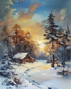 Hytt mitt i en skog och snö, väggdekoration i vinterlandskap av F. Abderrahim