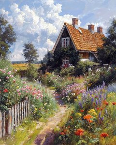 Vackert hus, blomsterträdgård, botaniskt landskap, canvas-tryck av F. Abderrahim
