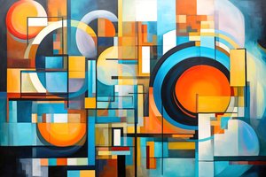 Geometrisk abstrakt fusion ljusa färger i olja och akryl väggkonst dekoration av F. Abderrahim