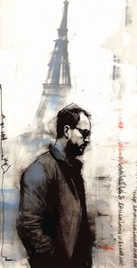 Målning av en man som går ner i Paris, Väggdekoration du kommer att älska, konsttryck av F. Abderrahim