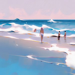 Människor på stranden Minimalistisk akvarell med vågor, Väggdekor till salu av F. Abderrahim